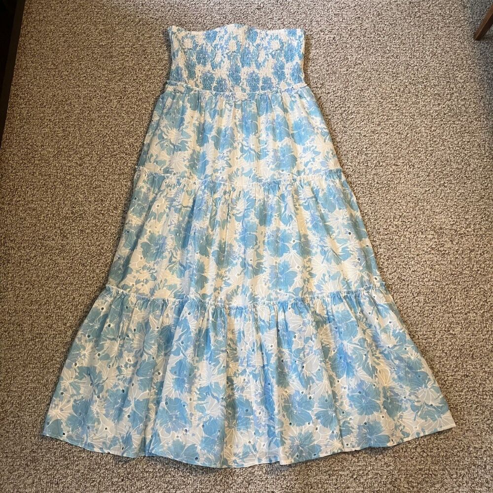 Chic Soul Strapless Maxi Dress in Light Blue and White Floral